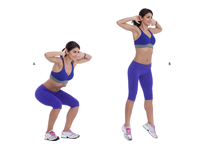 Woman doing jump squats for calf exercises.