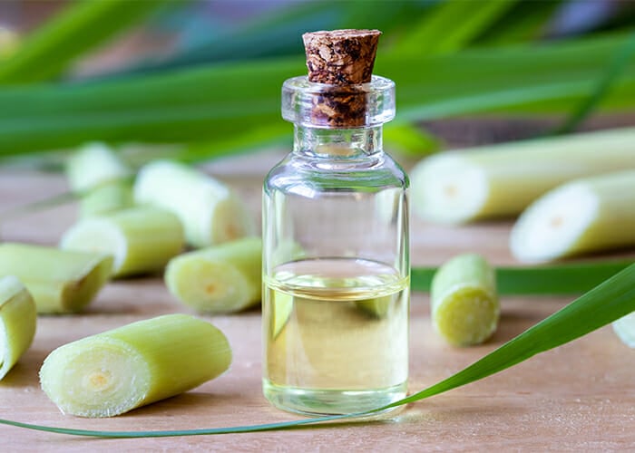 A bottle of lemongrass essential oil with a cork stopper next to chopped up lemongrass