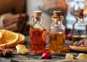 Bottles of frankincense and myrrh essential oils