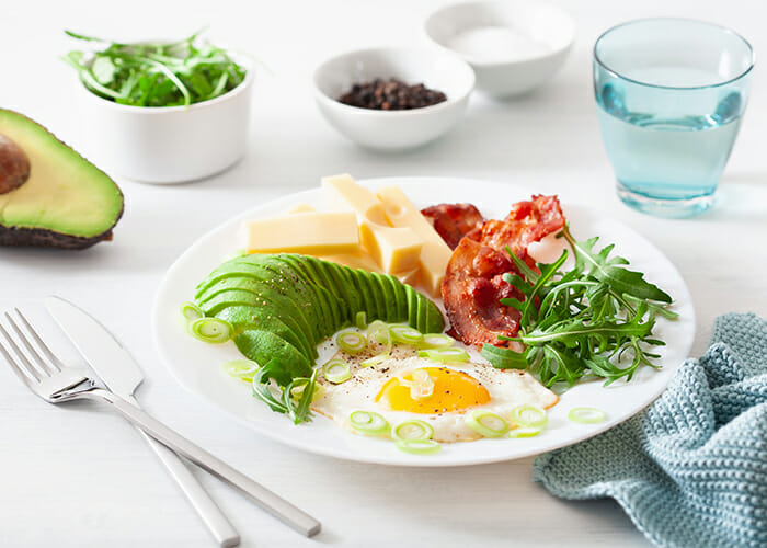 A healthy Keto breakfast plate with sliced avocados, sunny side up eggs, wild arugula, cheese, and chili flavored bacon