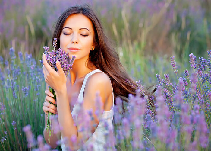 A woman in a lavender field holding a bunch of lavender flowers she just picked