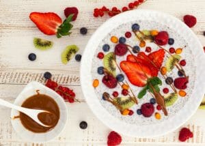 vegan gluten free chia breakfast bowl with fruit toppings
