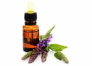 A bottle of clary sage essential oil blended with cedarwood essential oil