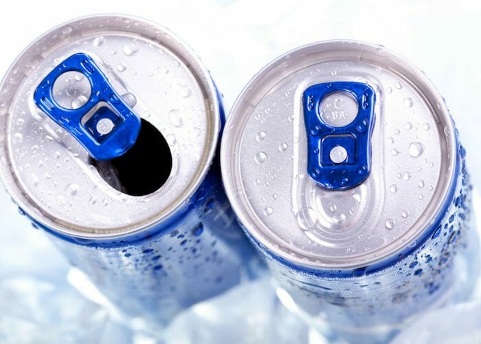 top down view of two cans of energy drinks in ice