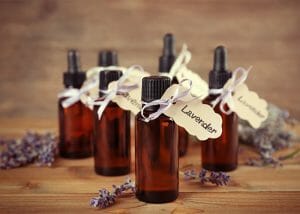 Bottles of lavender essential oil bottles for use on wrinkles