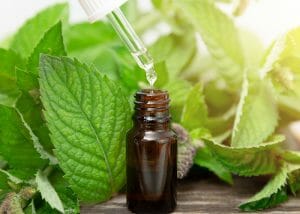 A bottle of peppermint essential oil with a dropper surrounded by peppermint leaves