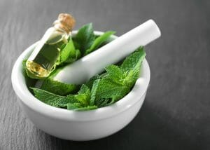 A pestle and motar filled with peppermint leaves and a bottle of peppermint essential oil
