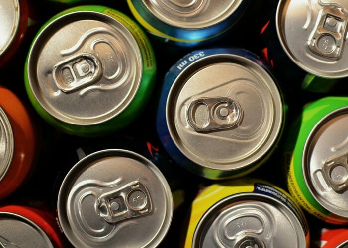 top down view of different energy drink cans